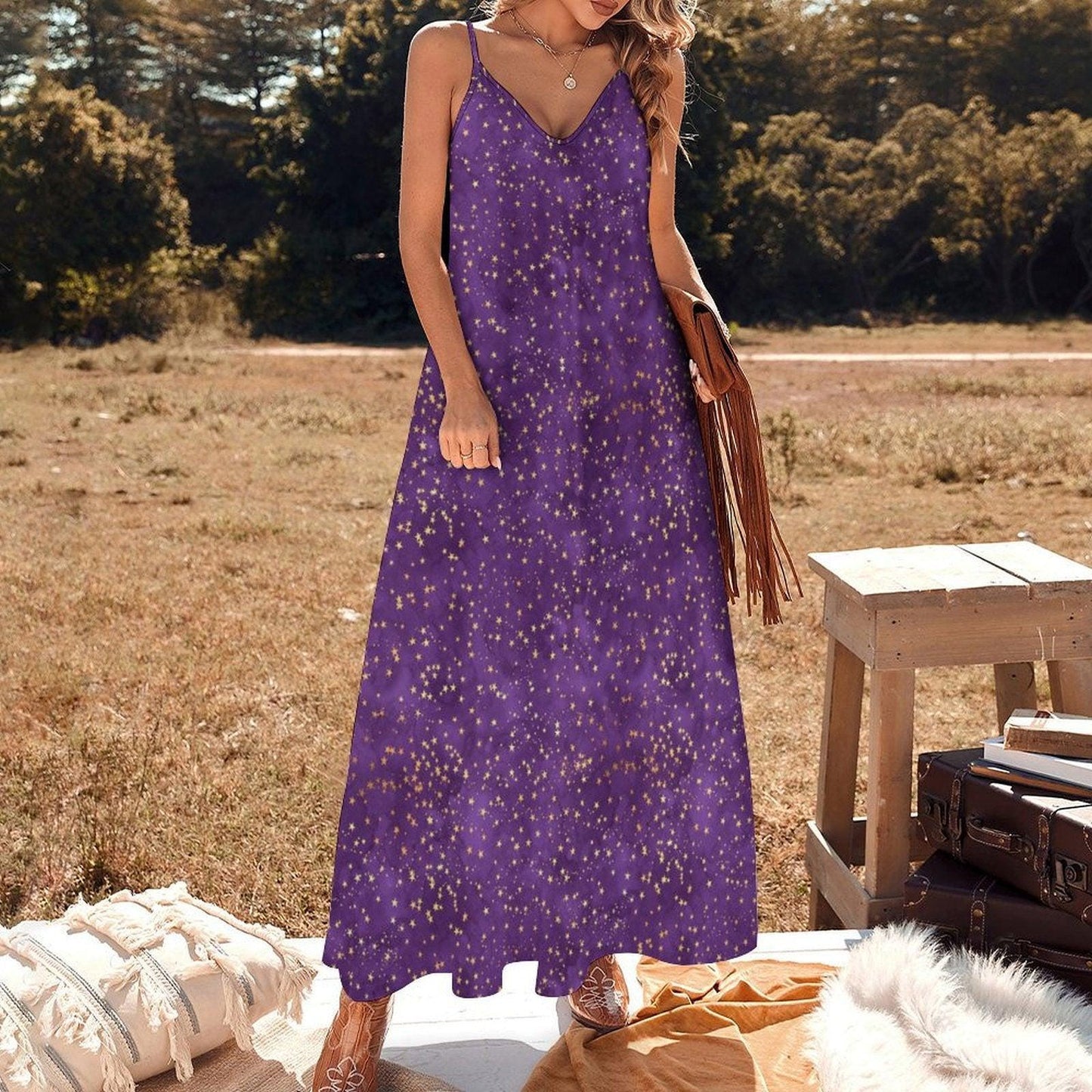 Celestial Maxi Dress, Purple Star Print, V-Neck Cami Sundress, Flowy Festival Wear
