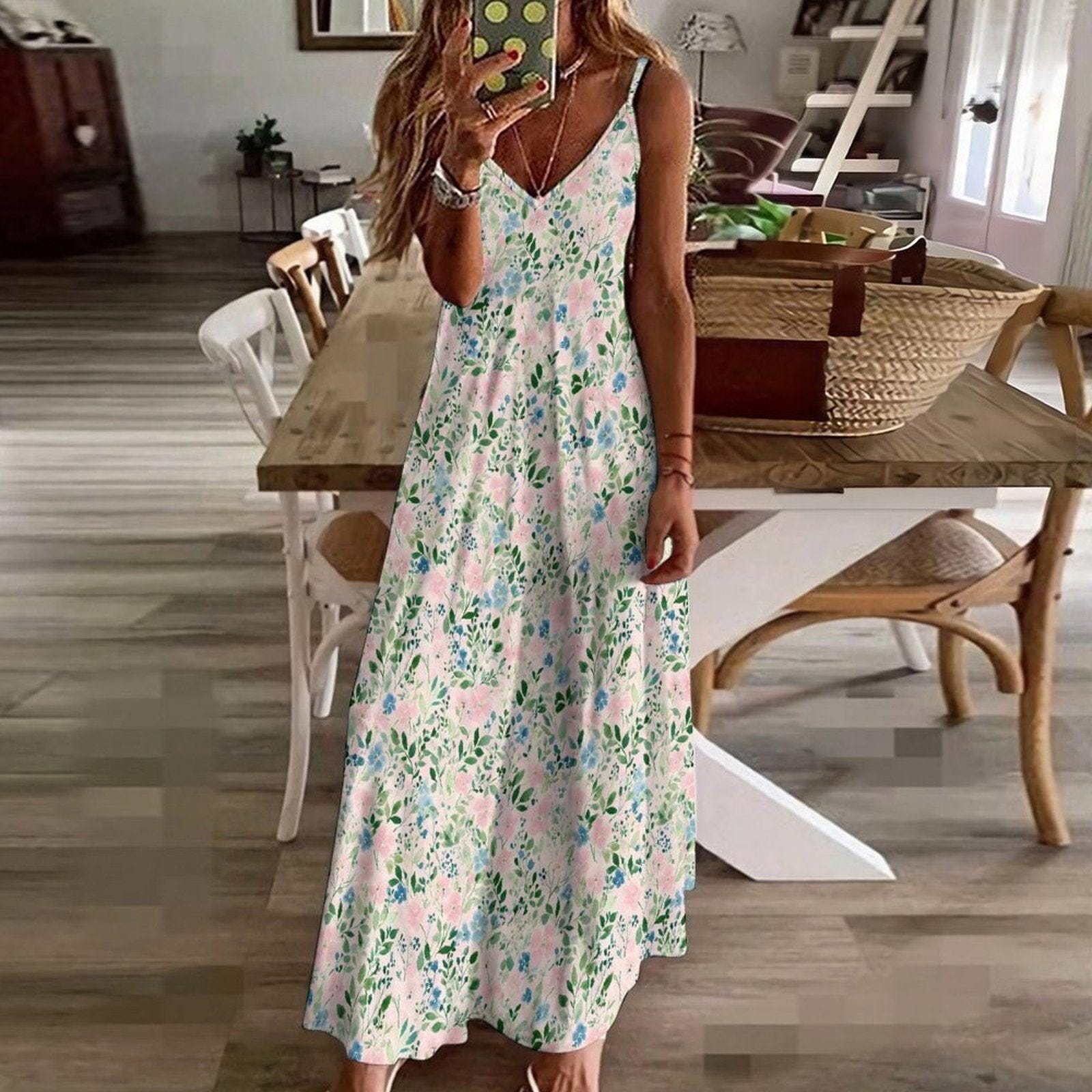 Watercolor Floral Maxi Dress, Blue Pink Ditsy Print Sundress, Summer Vacation Cami Slip