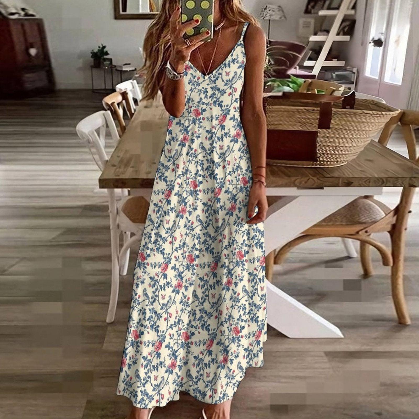 Vintage Floral Maxi Dress, Cream Rose Bird Print Sundress, Cottagecore Style