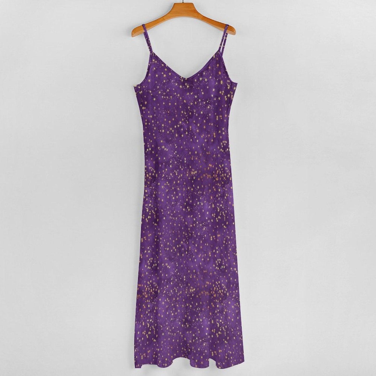 Celestial Maxi Dress, Purple Star Print, V-Neck Cami Sundress, Flowy Festival Wear