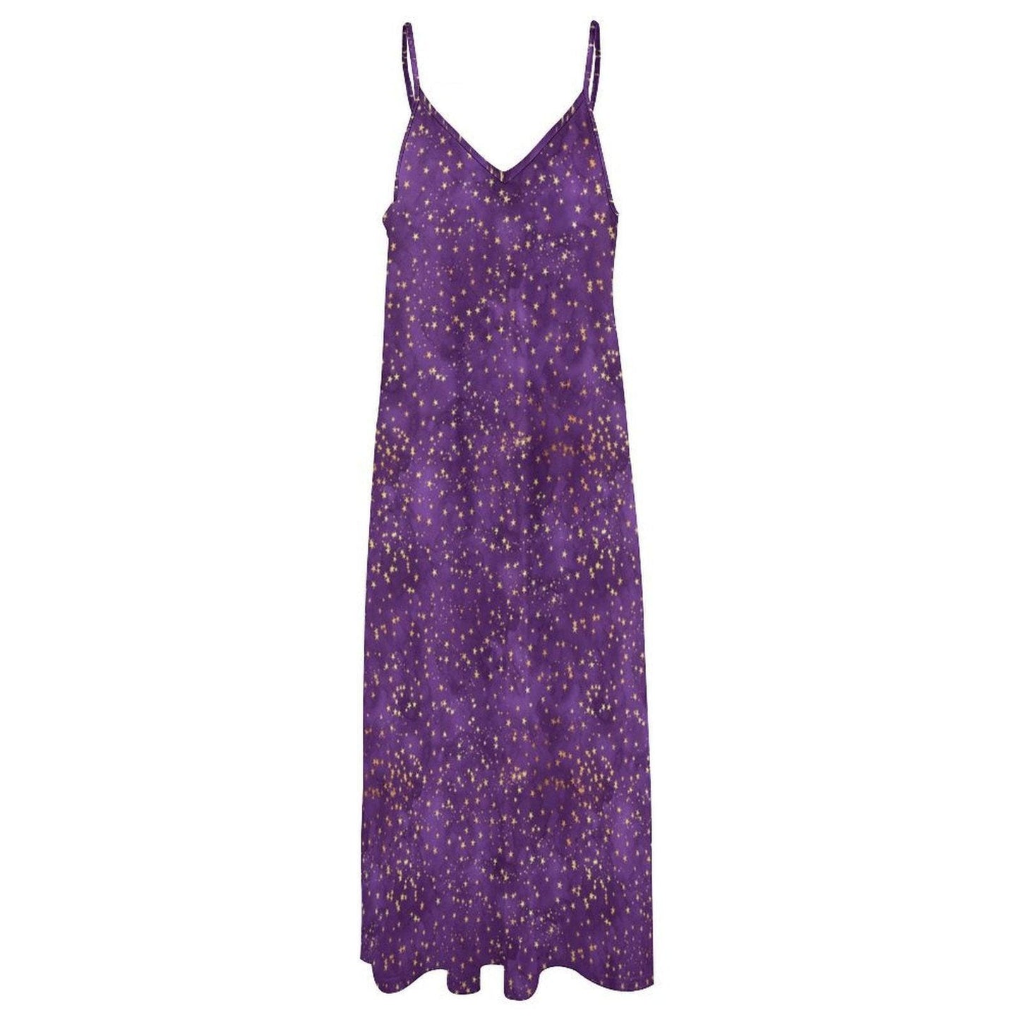 Celestial Maxi Dress, Purple Star Print, V-Neck Cami Sundress, Flowy Festival Wear