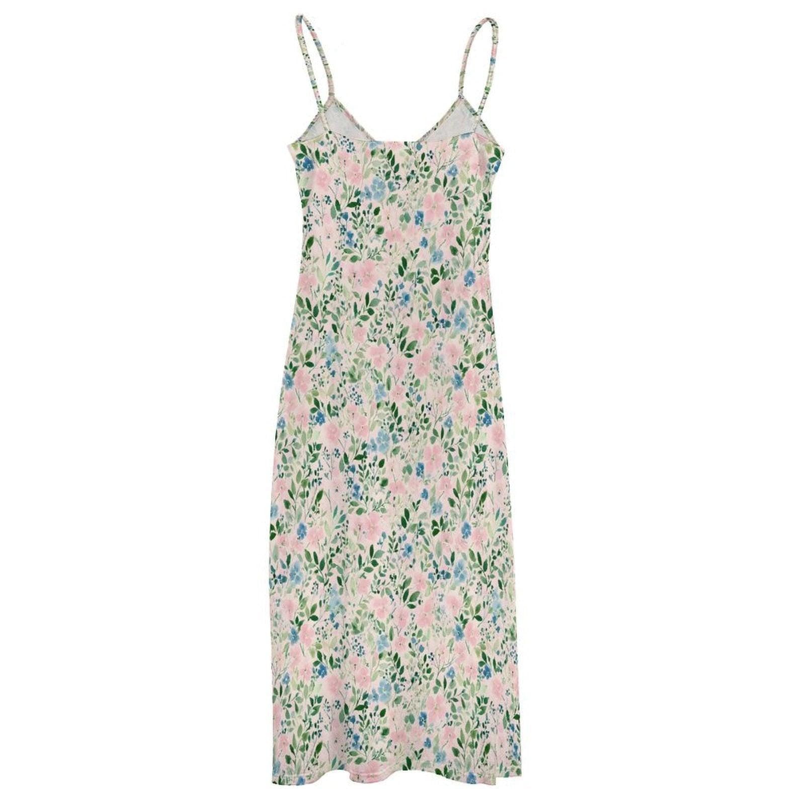 Watercolor Floral Maxi Dress, Blue Pink Ditsy Print Sundress, Summer Vacation Cami Slip