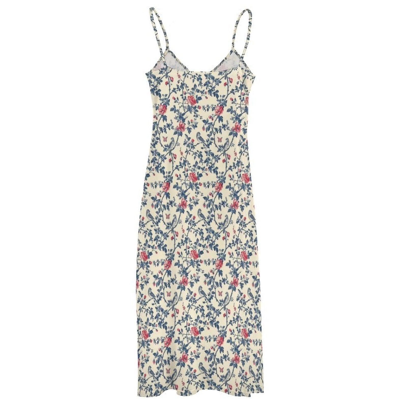 Vintage Floral Maxi Dress, Cream Rose Bird Print Sundress, Cottagecore Style