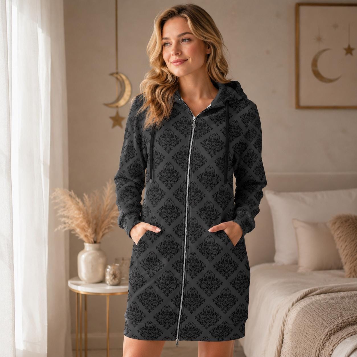 Damask Hooded Cardigan, Victorian Goth Zip Coat, Baroque Longline Hoodie