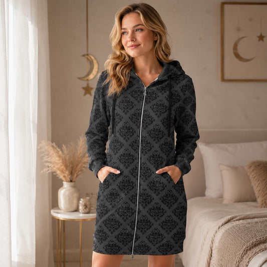 Damask Hooded Cardigan, Victorian Goth Zip Coat, Baroque Longline Hoodie