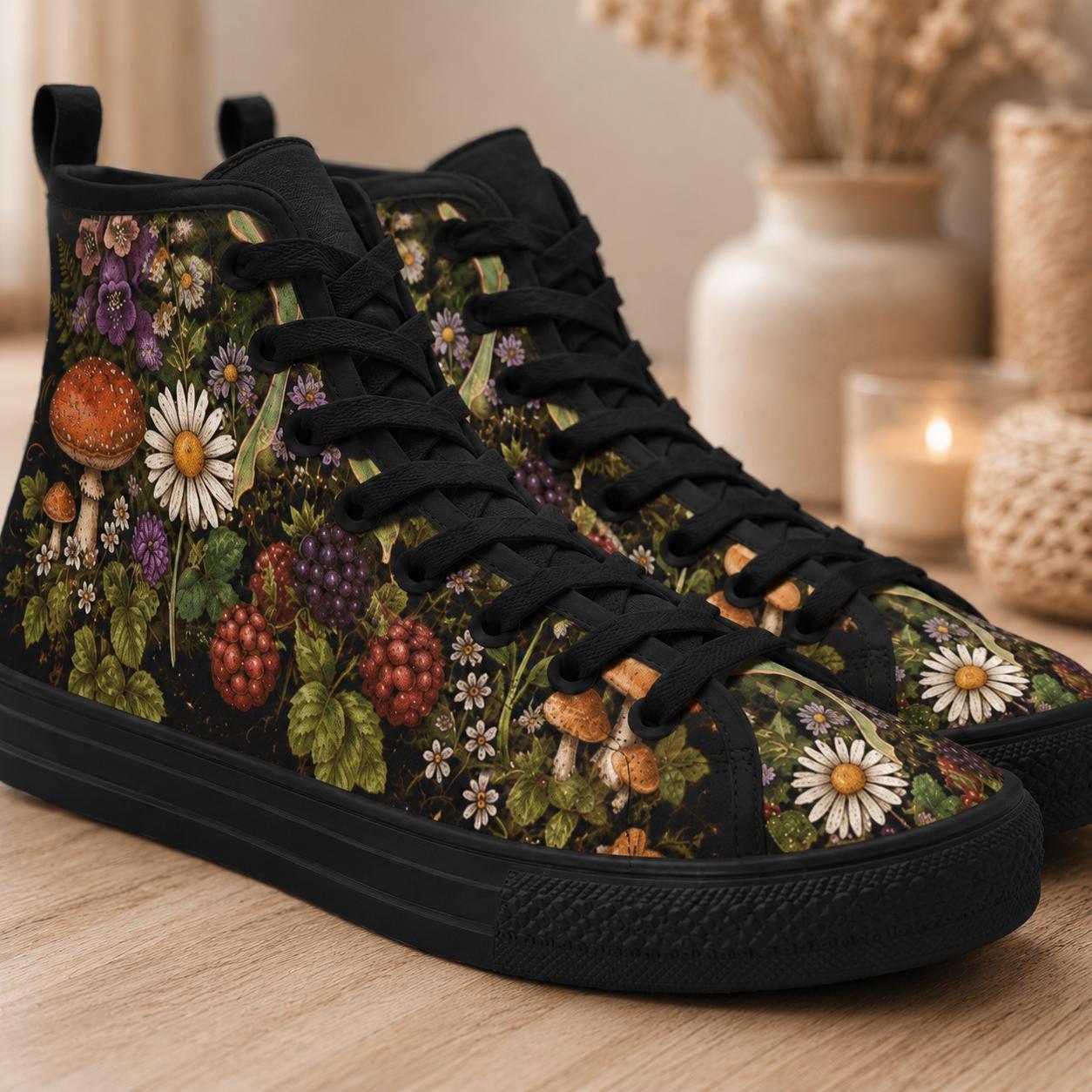 Mushroom Floral High Tops, Woodland Cottagecore Canvas Sneakers, Dark Fairycore Streetwear