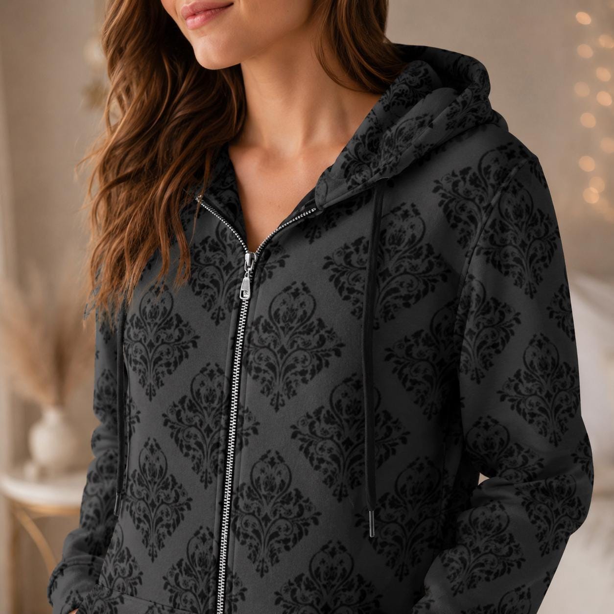 Damask Hooded Cardigan, Victorian Goth Zip Coat, Baroque Longline Hoodie