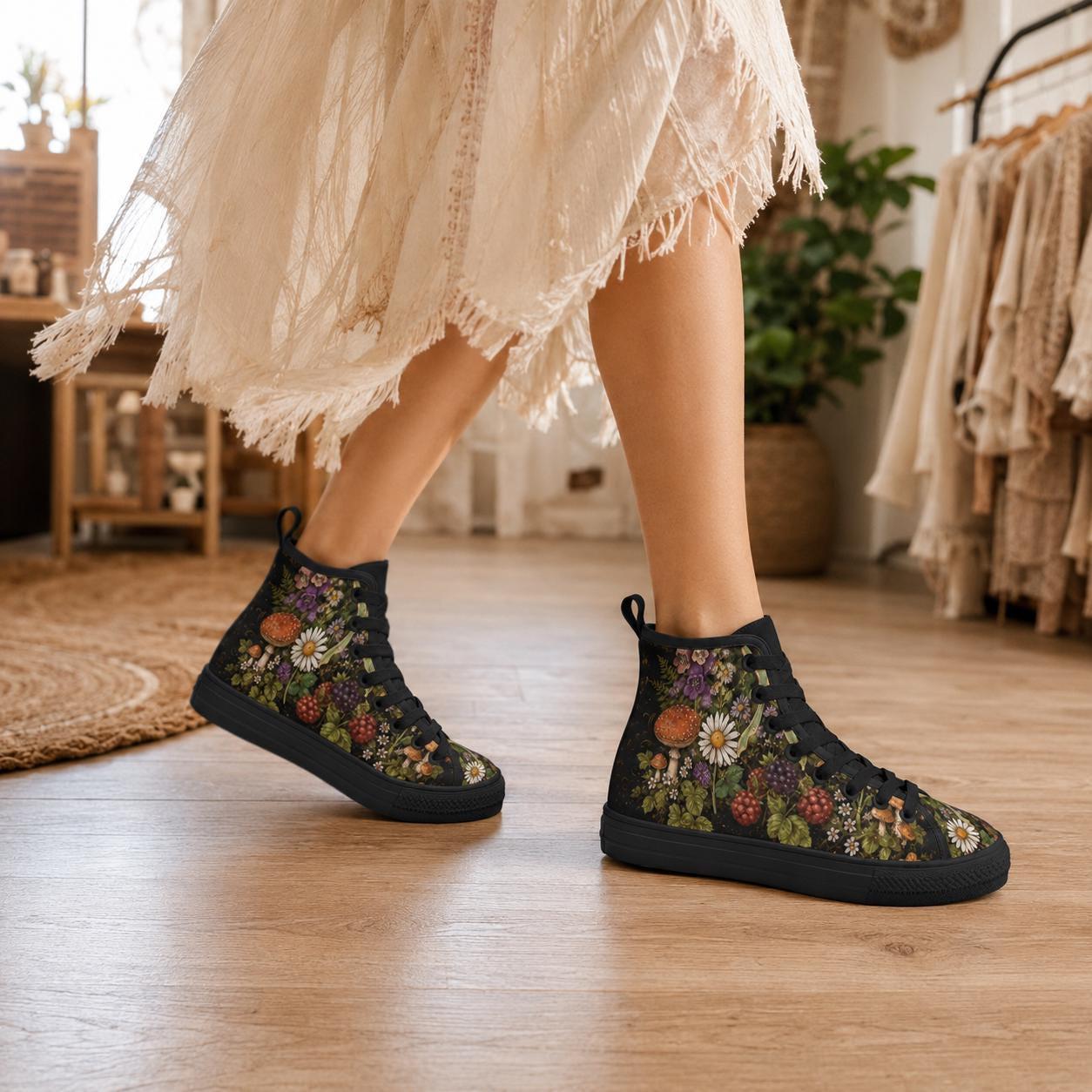 Mushroom Floral High Tops, Woodland Cottagecore Canvas Sneakers, Dark Fairycore Streetwear