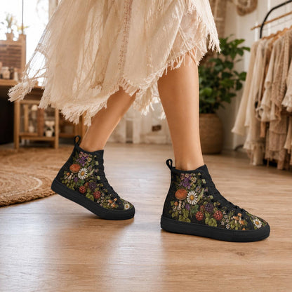 Mushroom Floral High Tops, Woodland Cottagecore Canvas Sneakers, Dark Fairycore Streetwear