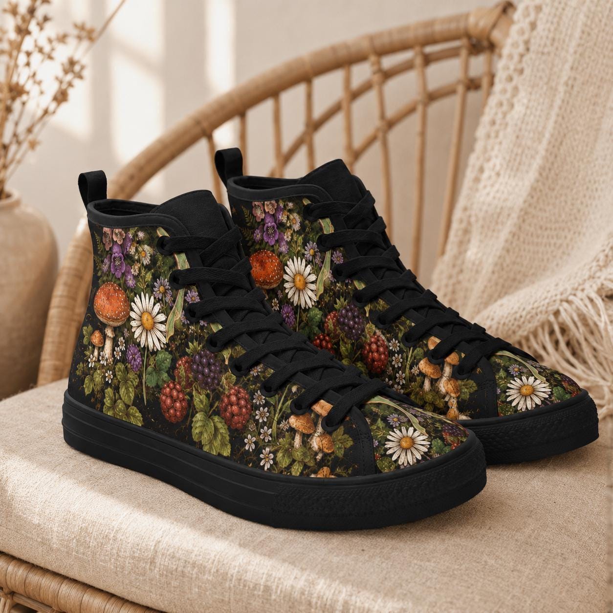 Mushroom Floral High Tops, Woodland Cottagecore Canvas Sneakers, Dark Fairycore Streetwear
