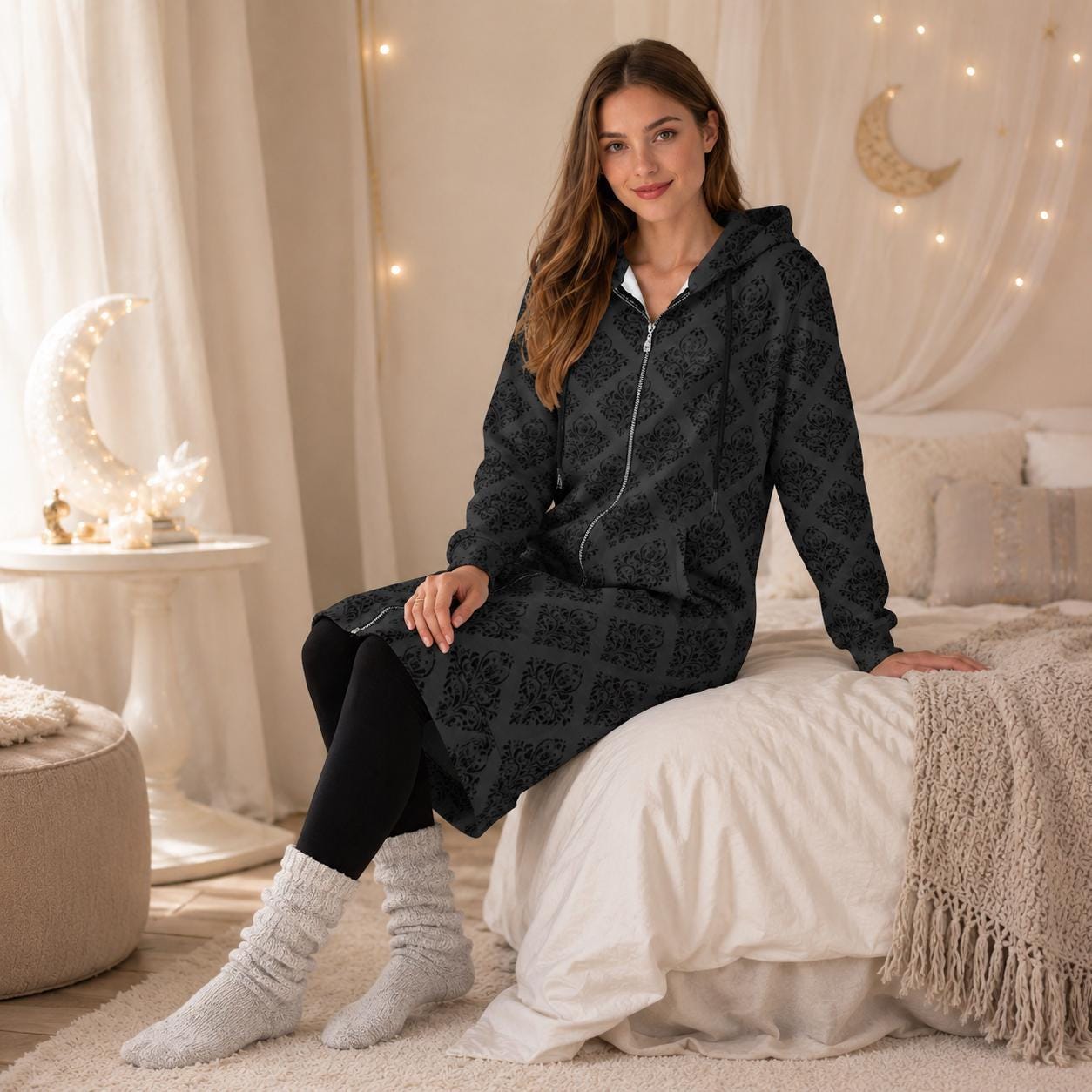 Damask Hooded Cardigan, Victorian Goth Zip Coat, Baroque Longline Hoodie