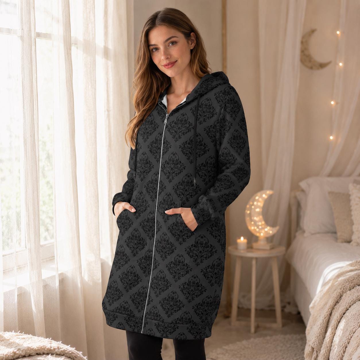 Damask Hooded Cardigan, Victorian Goth Zip Coat, Baroque Longline Hoodie