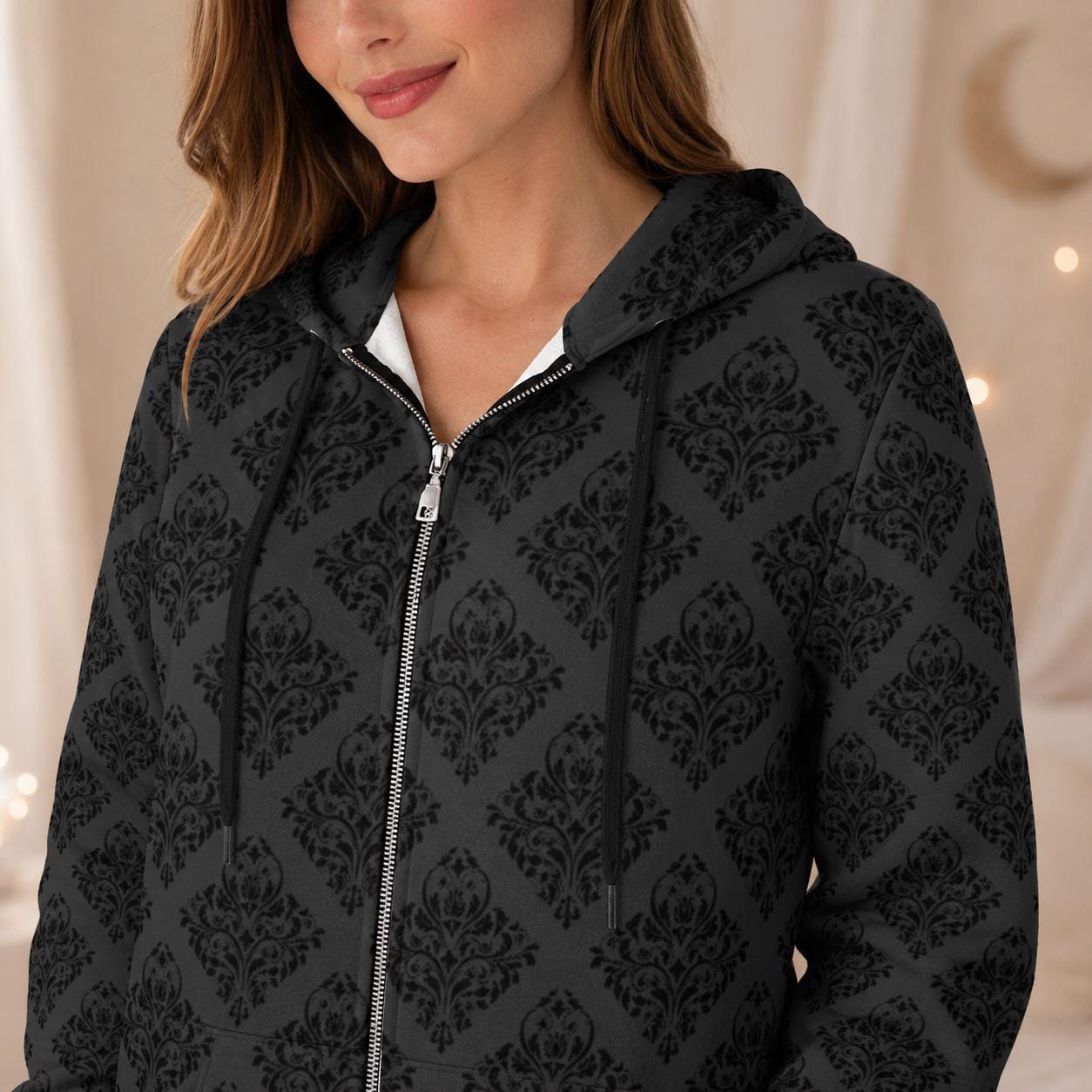 Damask Hooded Cardigan, Victorian Goth Zip Coat, Baroque Longline Hoodie