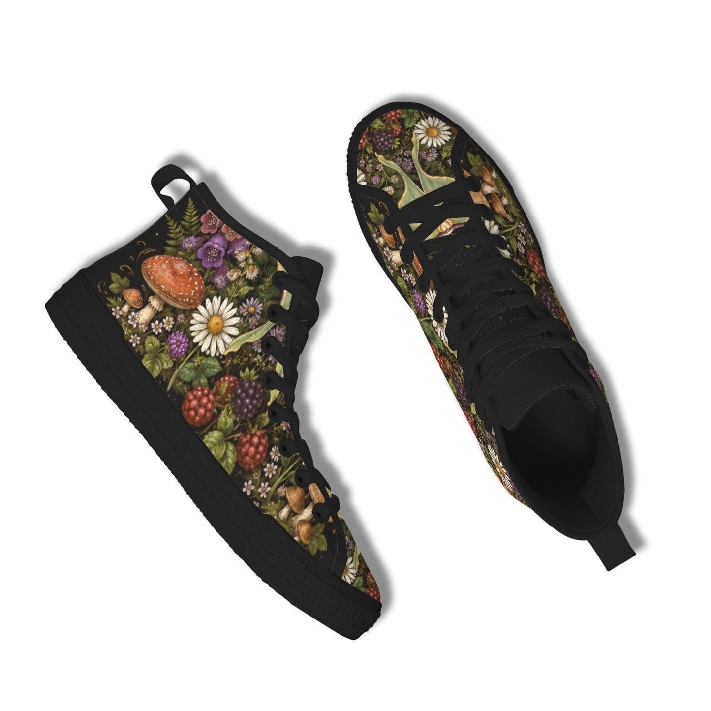 Mushroom Floral High Tops, Woodland Cottagecore Canvas Sneakers, Dark Fairycore Streetwear