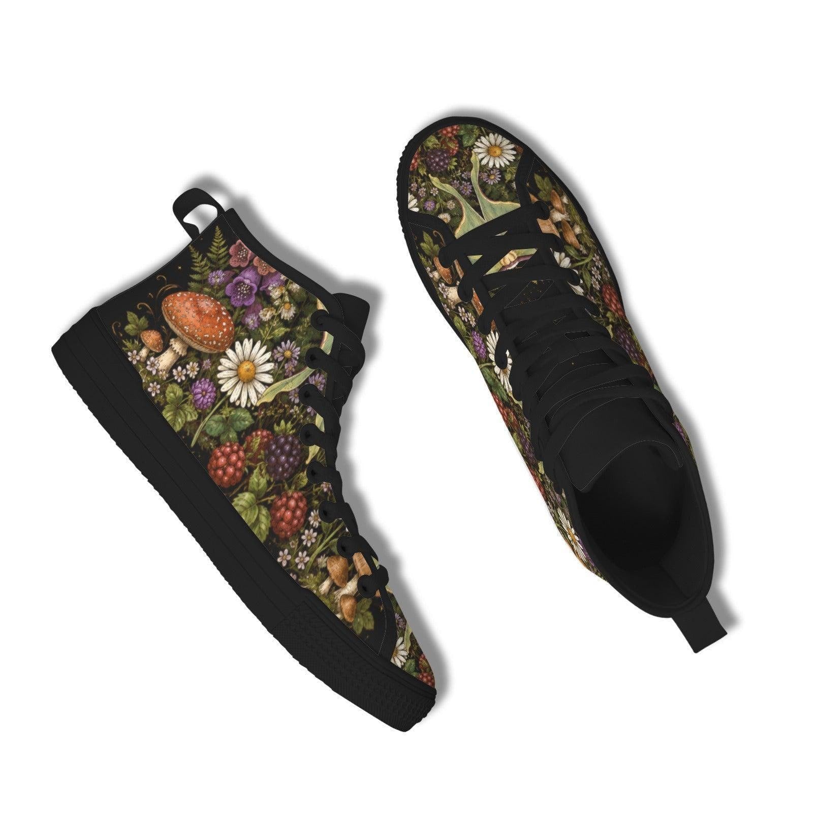Mushroom Floral High Tops, Woodland Cottagecore Canvas Sneakers, Dark Fairycore Streetwear