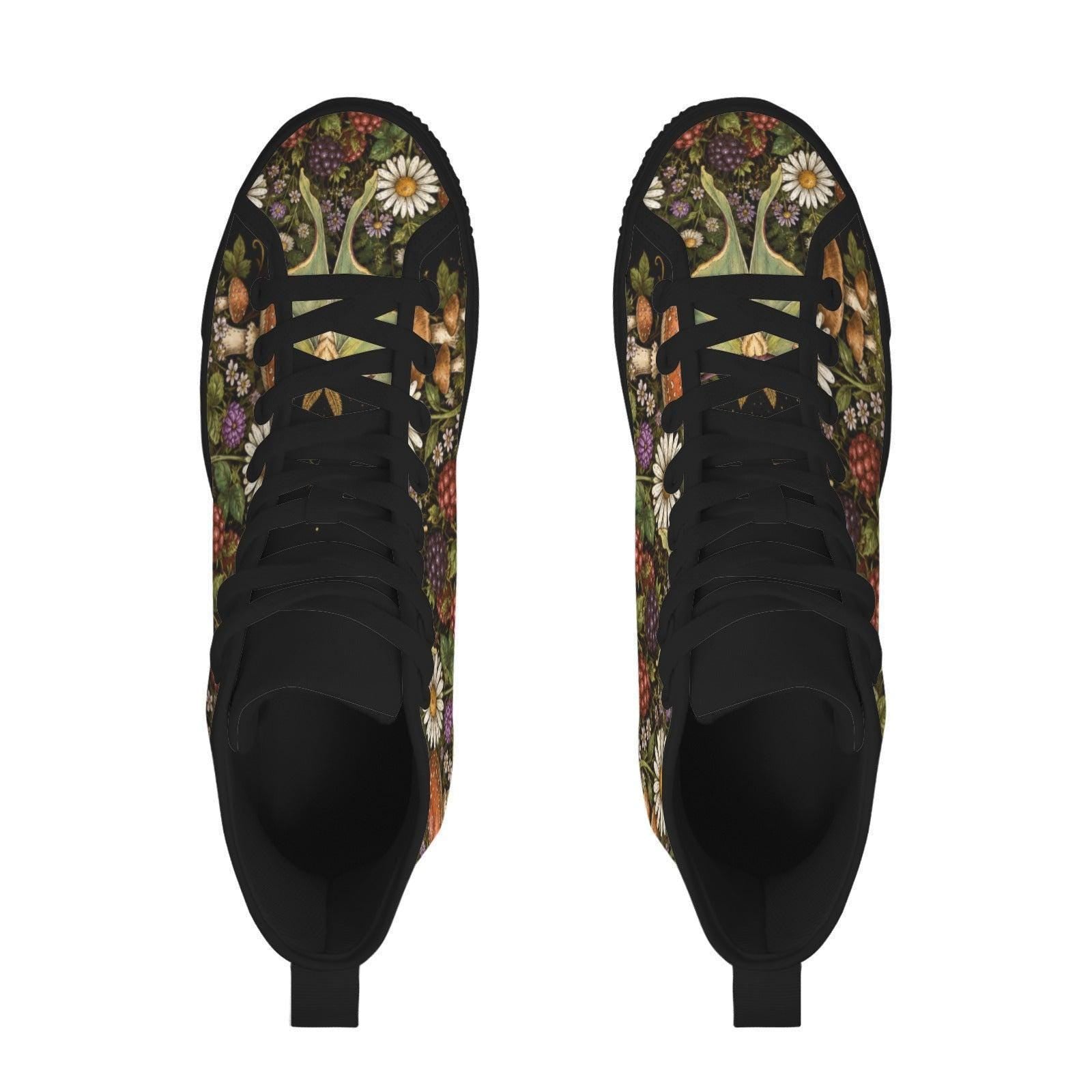 Mushroom Floral High Tops, Woodland Cottagecore Canvas Sneakers, Dark Fairycore Streetwear