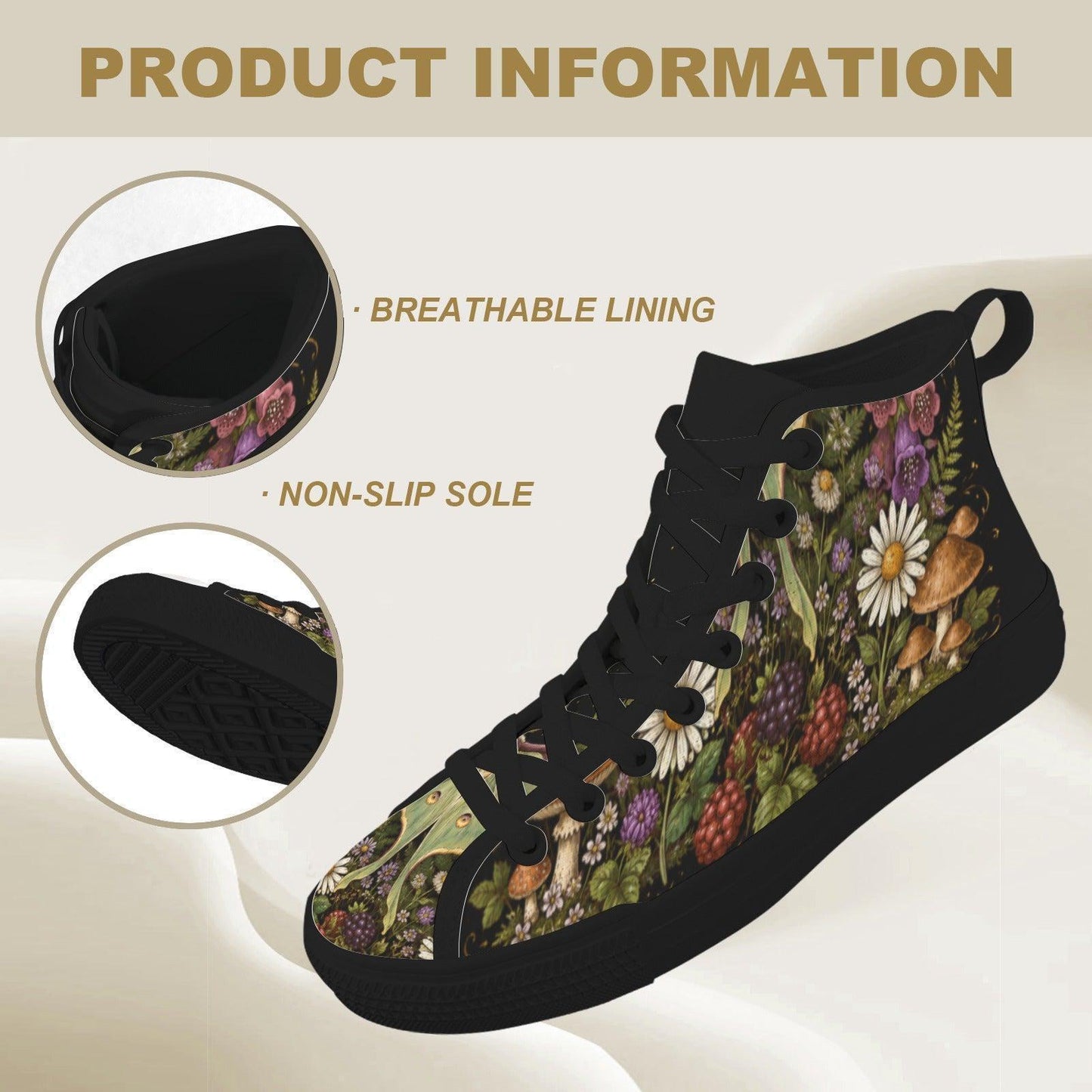 Mushroom Floral High Tops, Woodland Cottagecore Canvas Sneakers, Dark Fairycore Streetwear