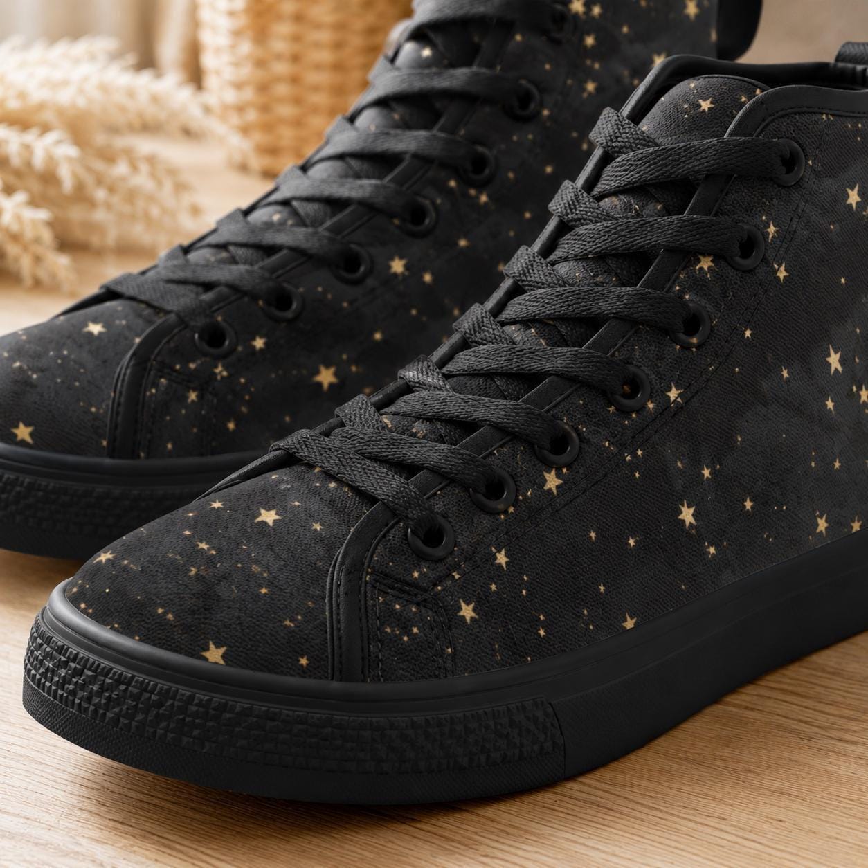 Black Gold Star High Top Sneakers, Celestial Print Lace Up Shoes