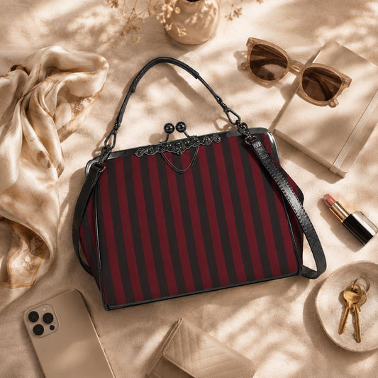 Red and Black Stripe Handbag: Vintage Kisslock Clasp, Vegan Leather Bag