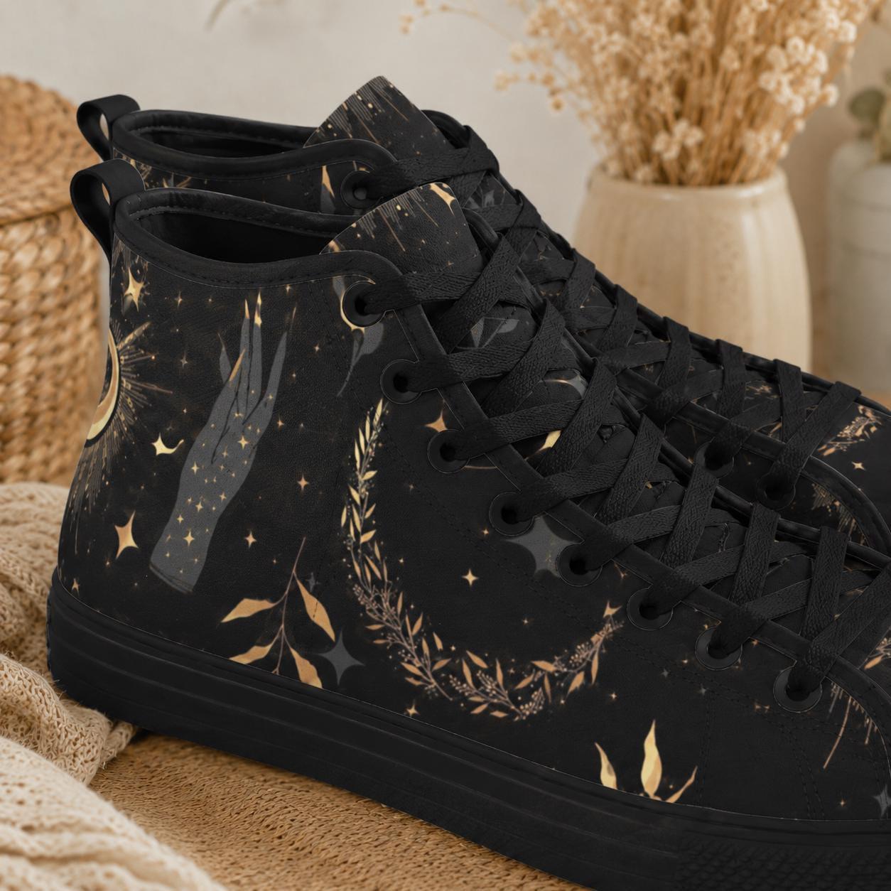 Black Celestial High Top Sneakers, Moon Sun Star Print Canvas Shoes, Astrology Witchy Gift