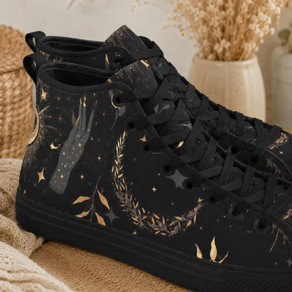 Black Celestial High Top Sneakers, Moon Sun Star Print Canvas Shoes, Astrology Witchy Gift