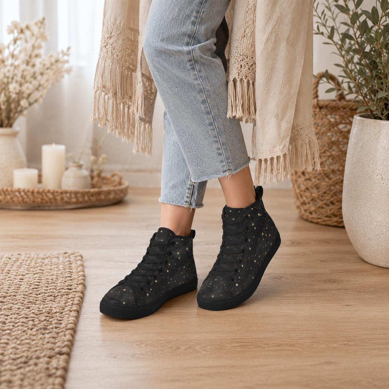 Black Gold Star High Top Sneakers, Celestial Print Lace Up Shoes