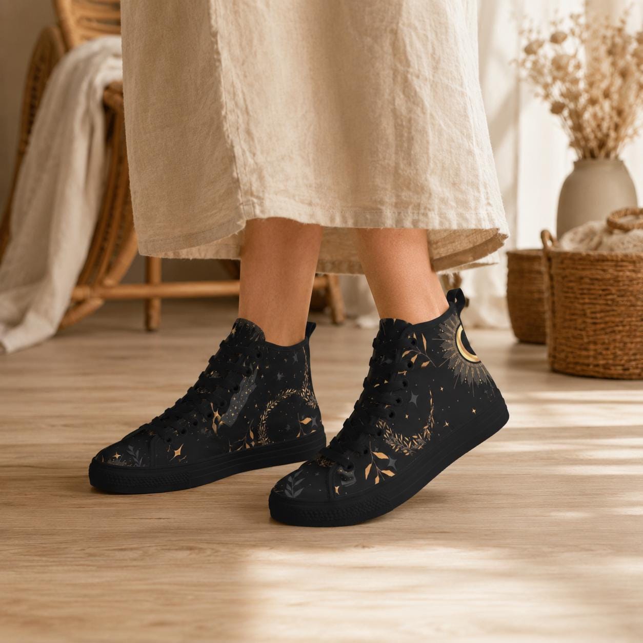 Black Celestial High Top Sneakers, Moon Sun Star Print Canvas Shoes, Astrology Witchy Gift