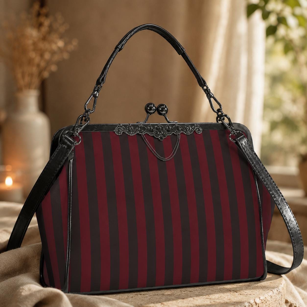 Red and Black Stripe Handbag: Vintage Kisslock Clasp, Vegan Leather Bag