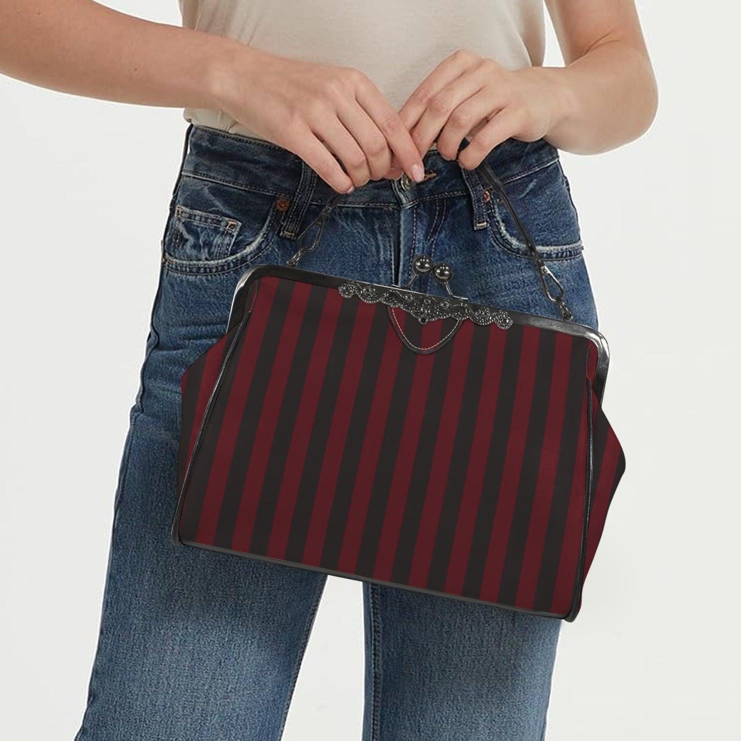 Red and Black Stripe Handbag: Vintage Kisslock Clasp, Vegan Leather Bag