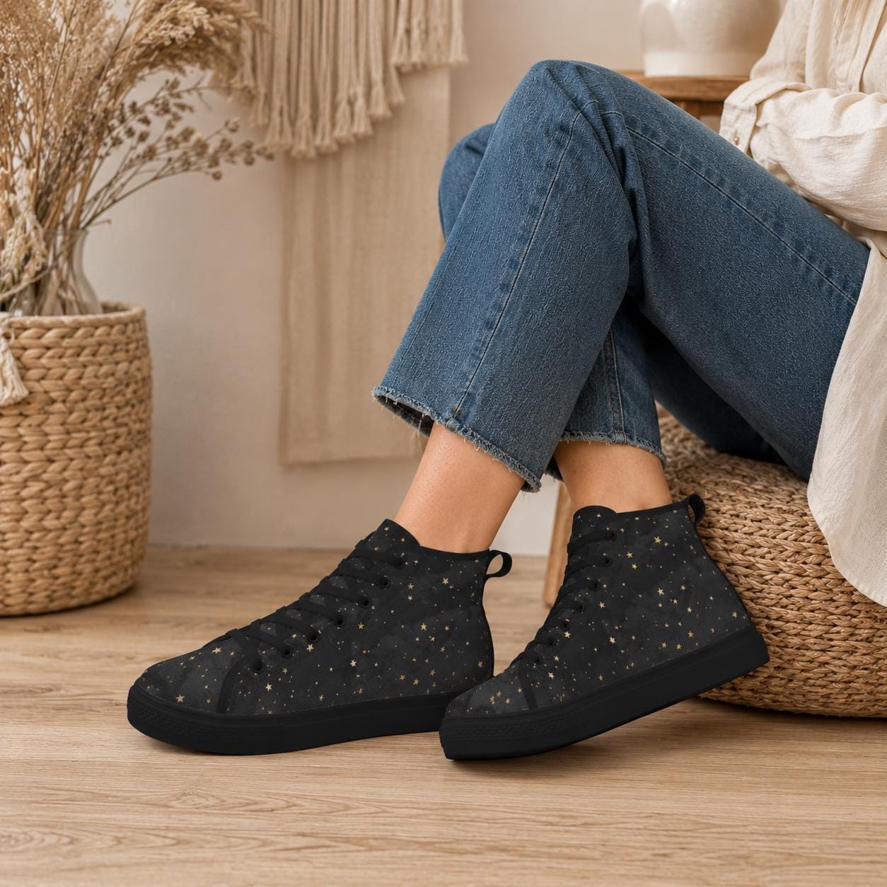 Black Gold Star High Top Sneakers, Celestial Print Lace Up Shoes