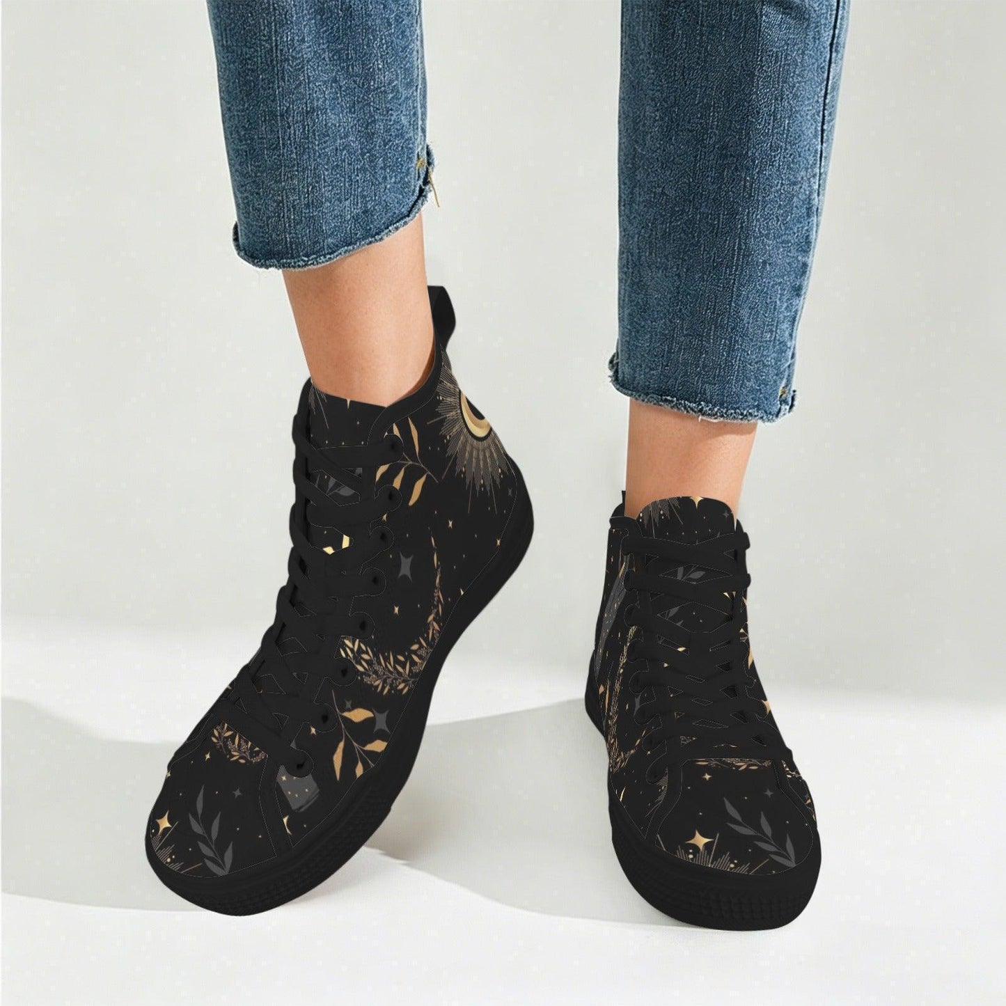 Black Celestial High Top Sneakers, Moon Sun Star Print Canvas Shoes, Astrology Witchy Gift