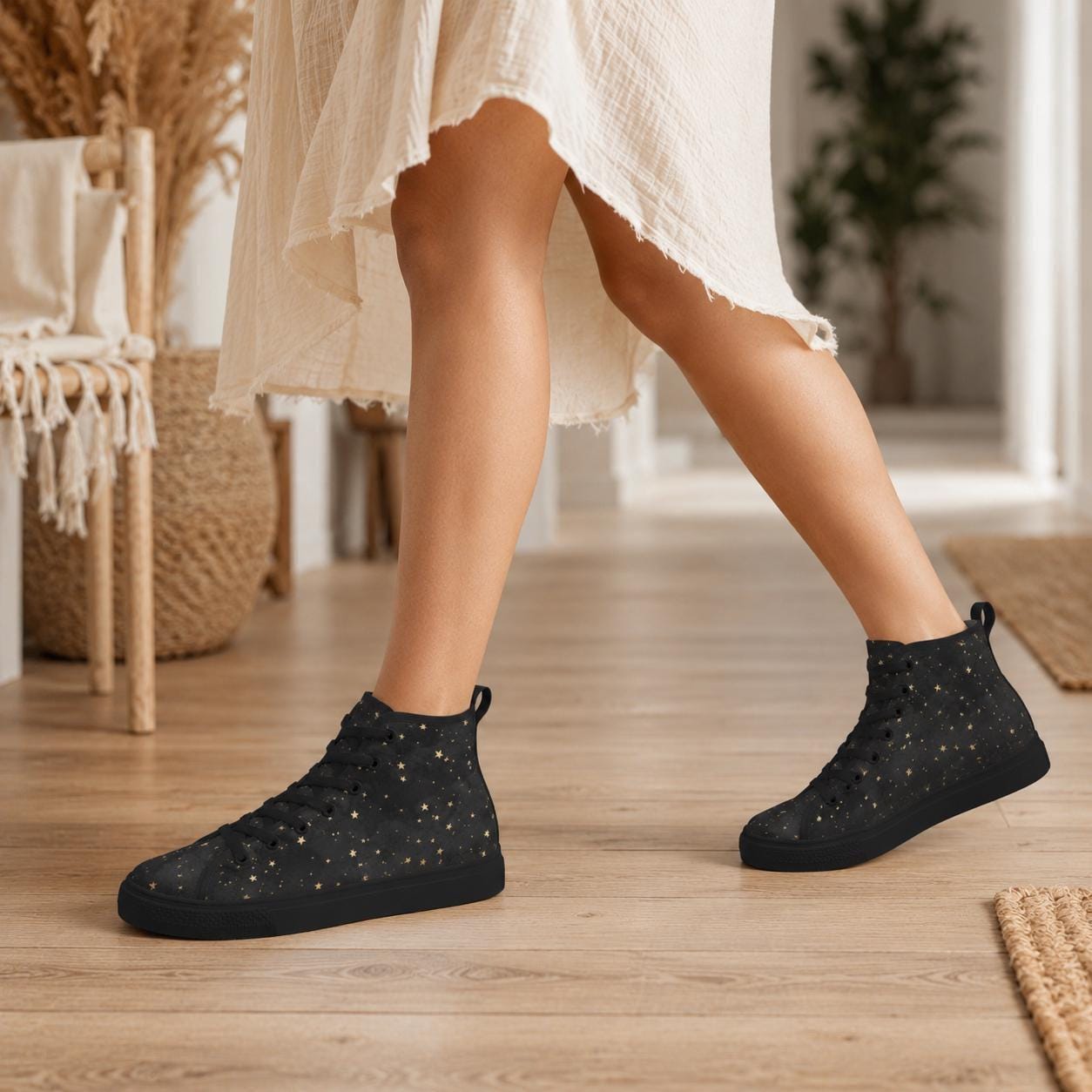 Black Gold Star High Top Sneakers, Celestial Print Lace Up Shoes