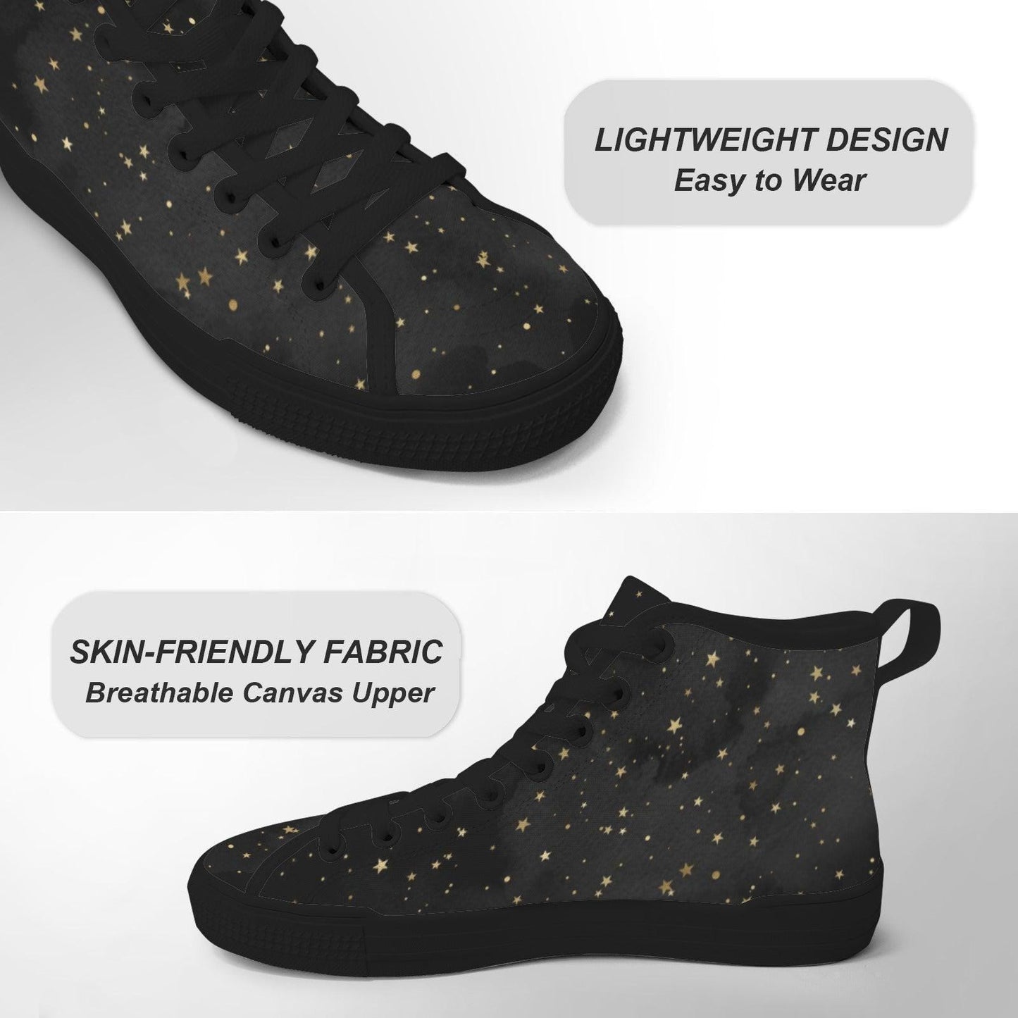 Black Gold Star High Top Sneakers, Celestial Print Lace Up Shoes