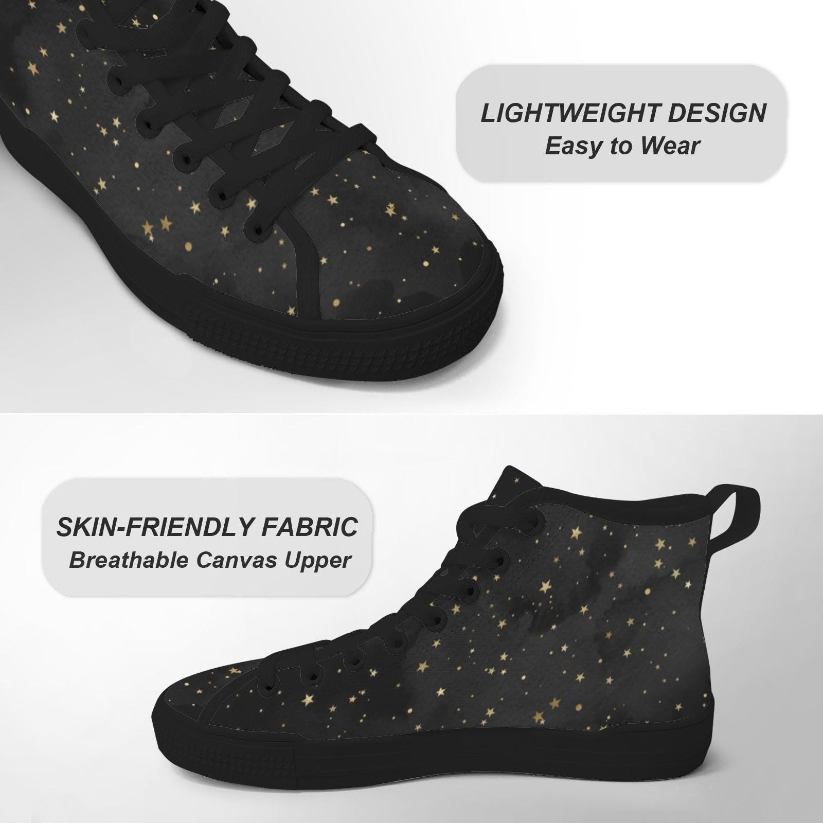 Black Gold Star High Top Sneakers, Celestial Print Lace Up Shoes