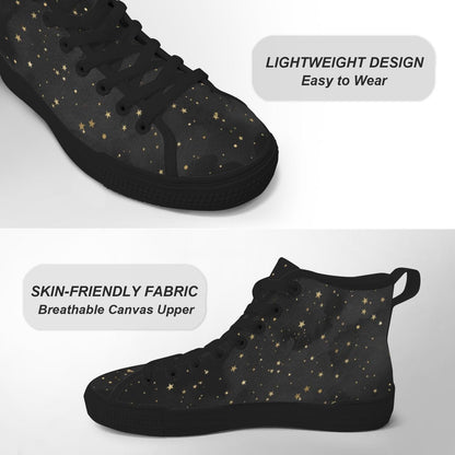 Black Gold Star High Top Sneakers, Celestial Print Lace Up Shoes