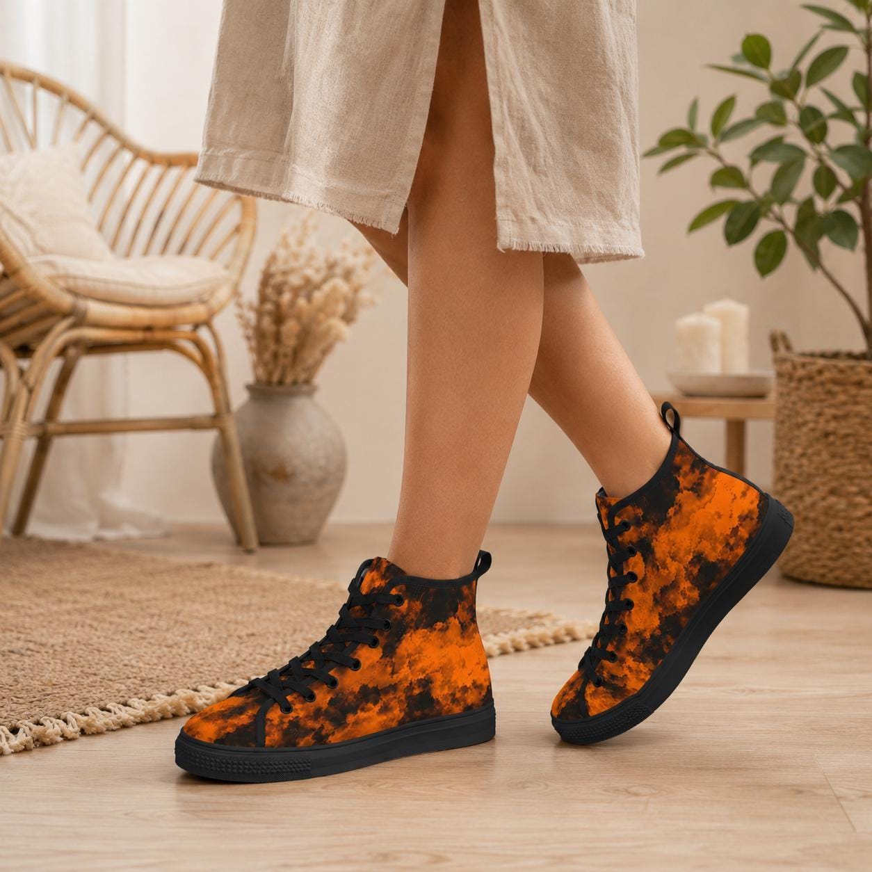 Orange Black Grunge Tie Dye High Top Sneakers, Alternative Streetwear Lace Up Shoes