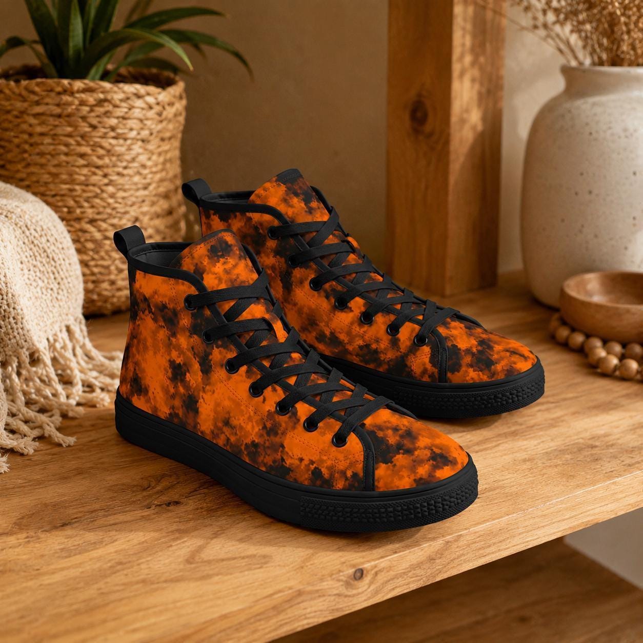 Orange Black Grunge Tie Dye High Top Sneakers, Alternative Streetwear Lace Up Shoes
