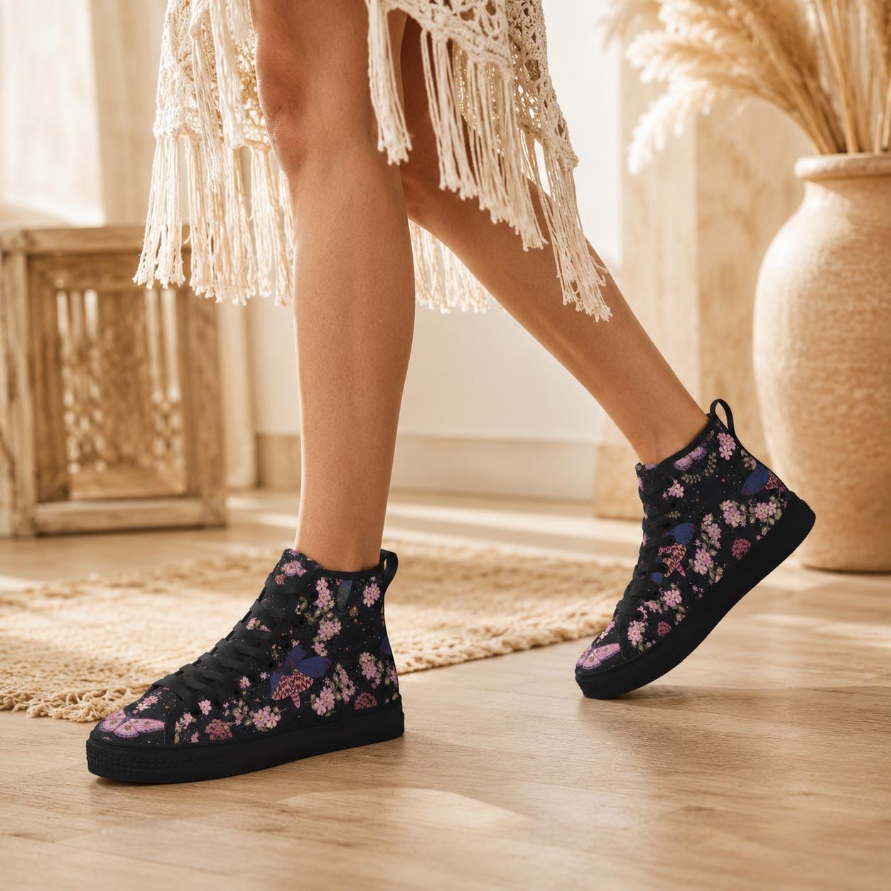 Black Floral High Top Sneakers, Pink Blossom Moth Print Canvas Shoes