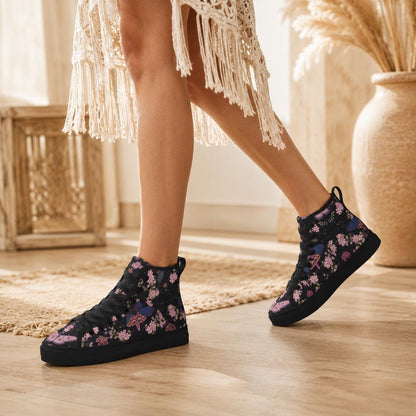 Black Floral High Top Sneakers, Pink Blossom Moth Print Canvas Shoes