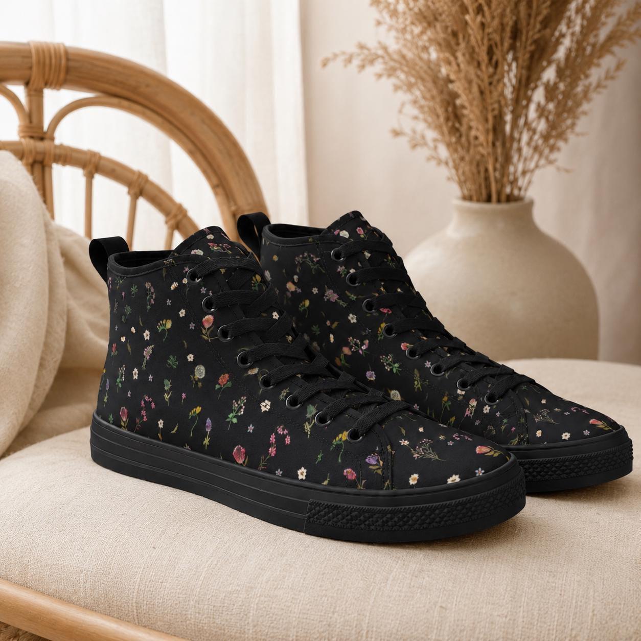 Black Floral High Top Canvas Sneakers, Ditsy Wildflower Print Lace Up Shoes