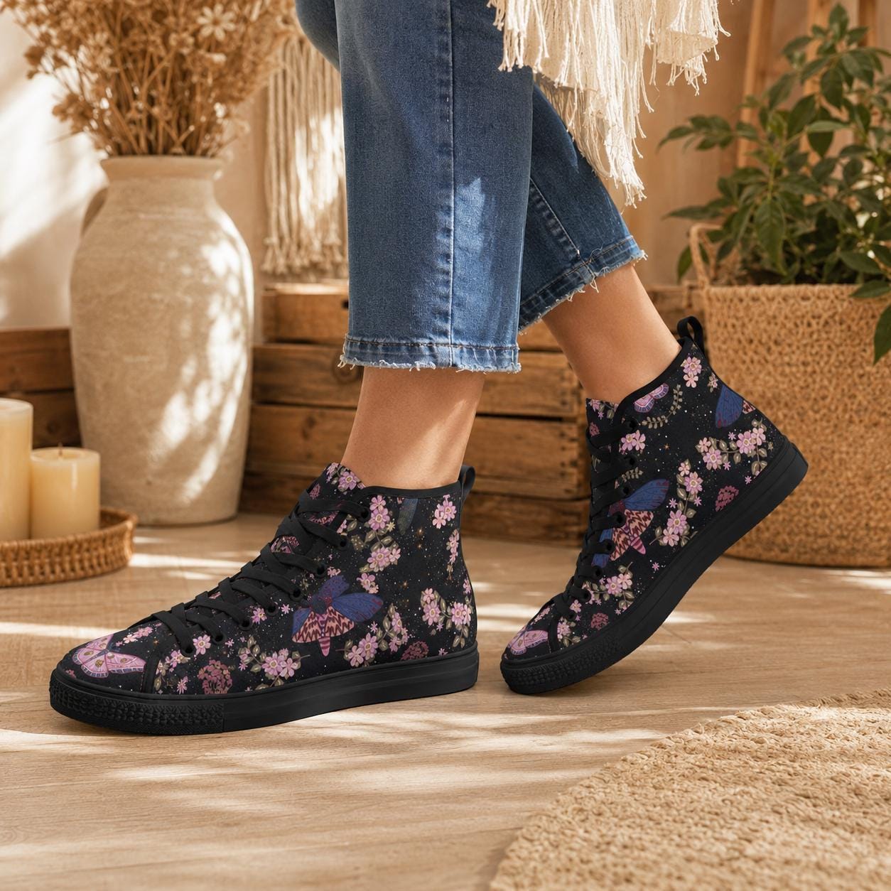 Black Floral High Top Sneakers, Pink Blossom Moth Print Canvas Shoes
