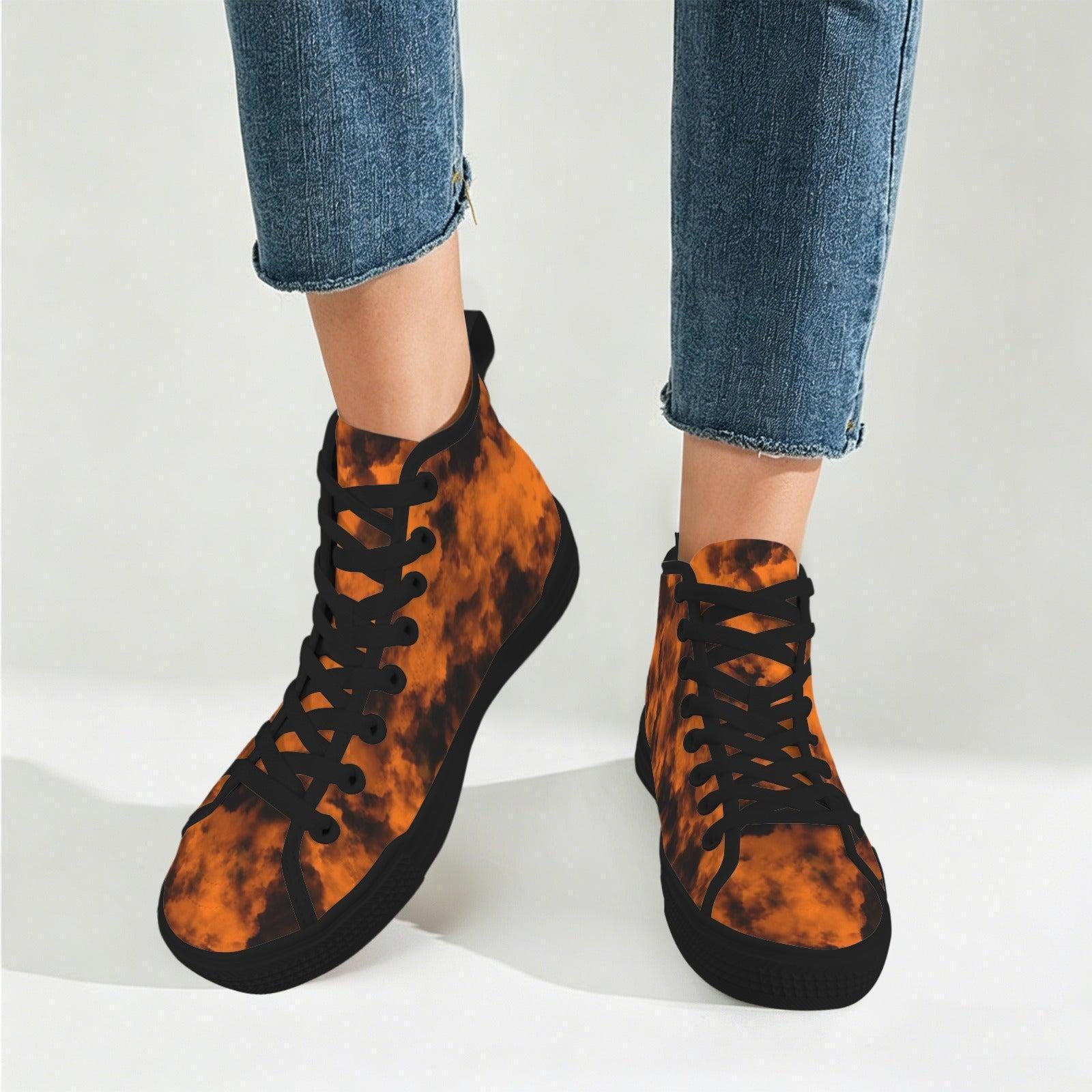 Orange Black Grunge Tie Dye High Top Sneakers, Alternative Streetwear Lace Up Shoes