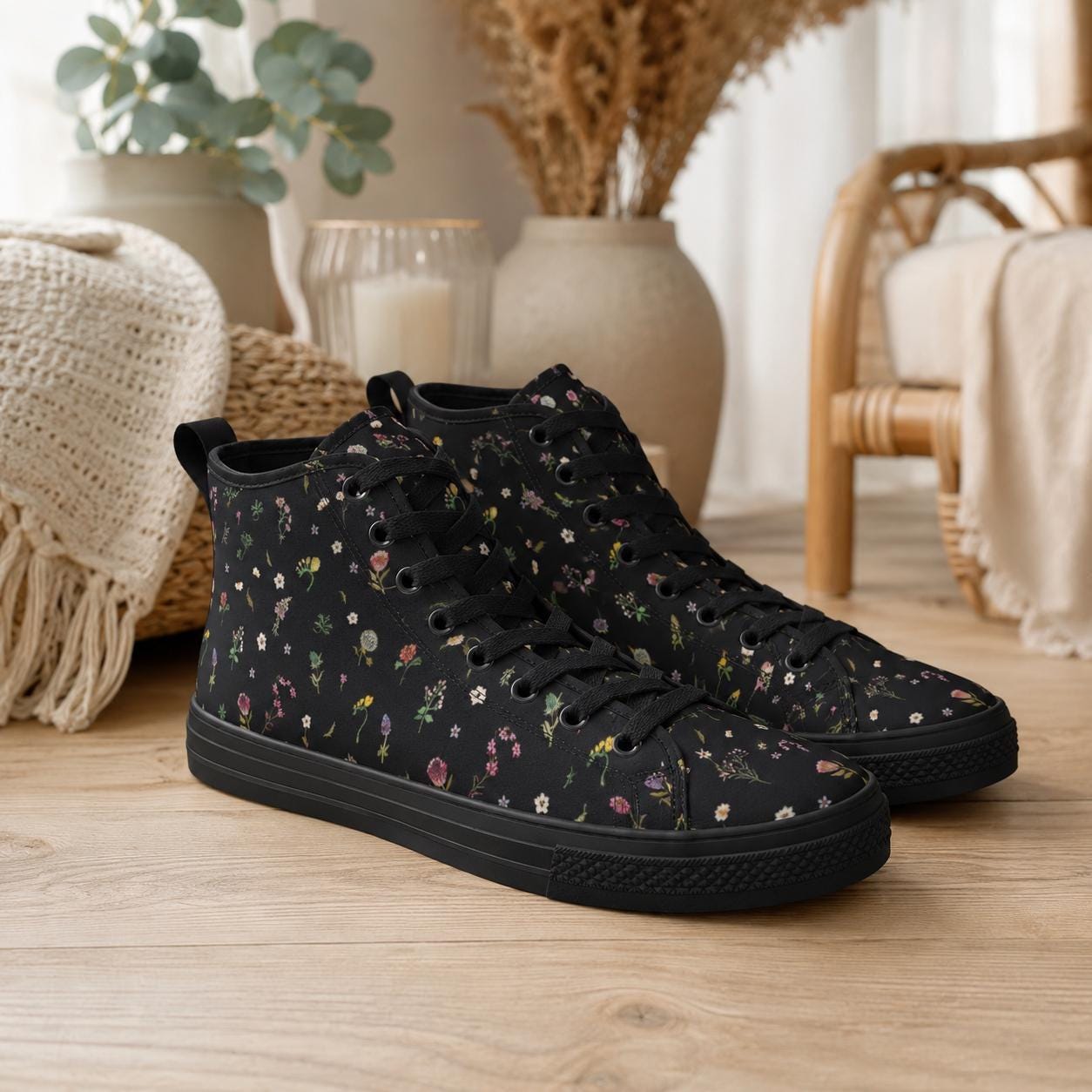Black Floral High Top Canvas Sneakers, Ditsy Wildflower Print Lace Up Shoes