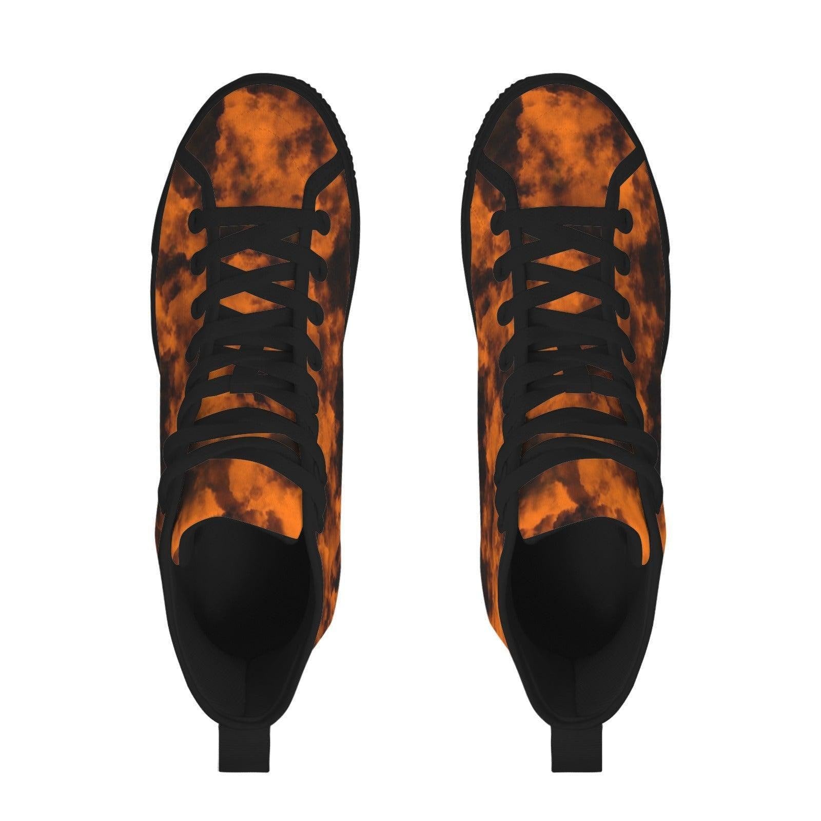 Orange Black Grunge Tie Dye High Top Sneakers, Alternative Streetwear Lace Up Shoes