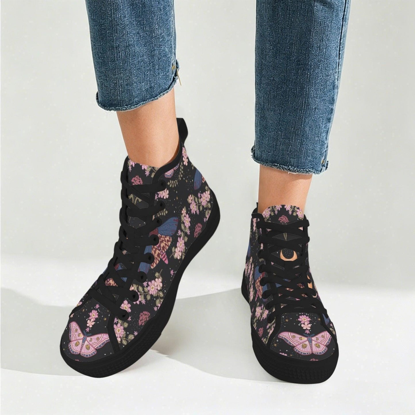 Black Floral High Top Sneakers, Pink Blossom Moth Print Canvas Shoes