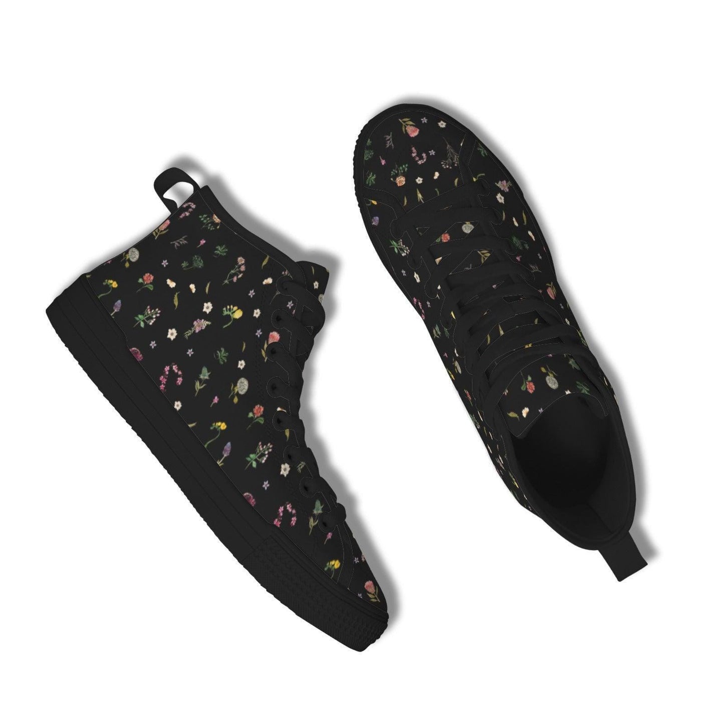 Black Floral High Top Canvas Sneakers, Ditsy Wildflower Print Lace Up Shoes