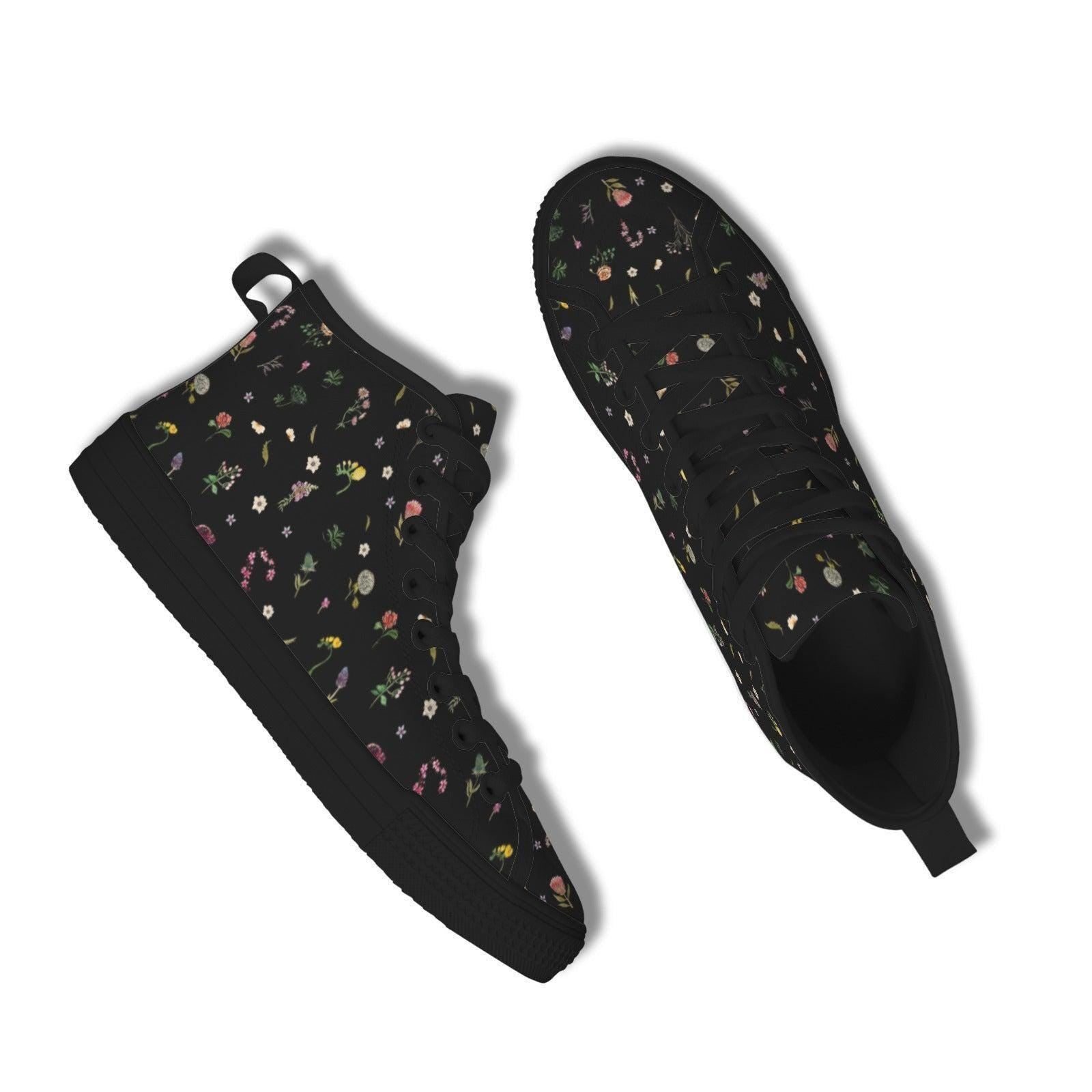 Black Floral High Top Canvas Sneakers, Ditsy Wildflower Print Lace Up Shoes