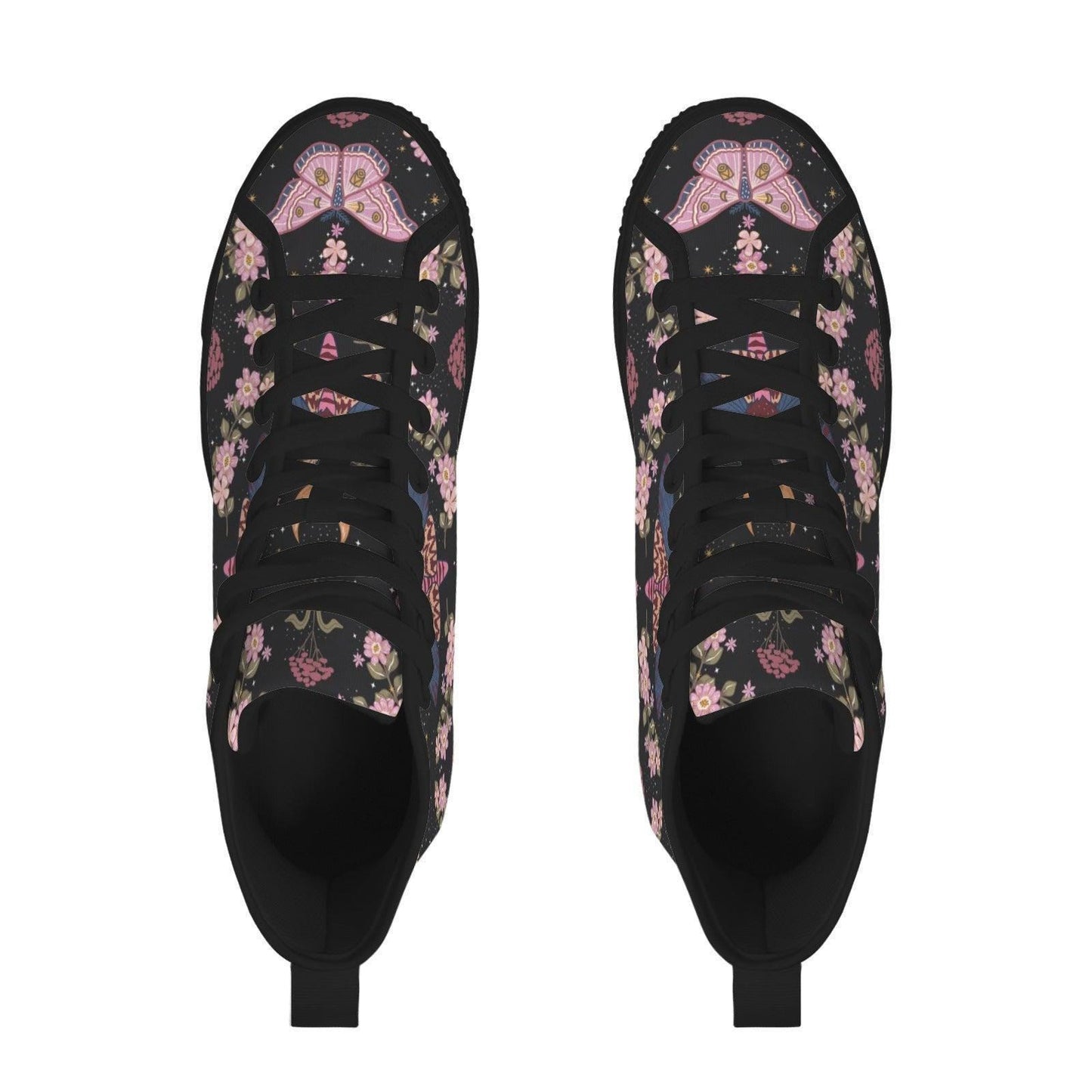 Black Floral High Top Sneakers, Pink Blossom Moth Print Canvas Shoes