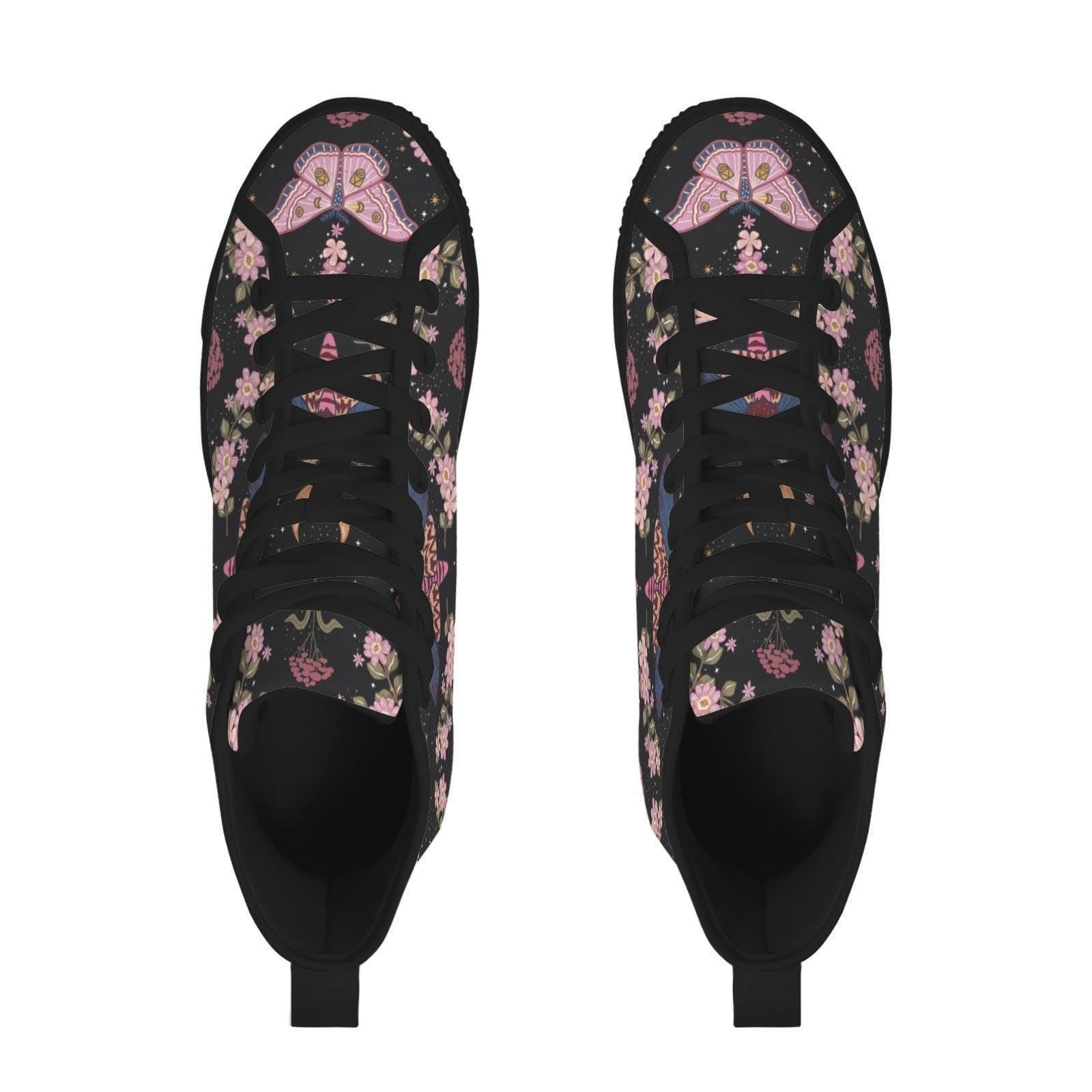 Black Floral High Top Sneakers, Pink Blossom Moth Print Canvas Shoes