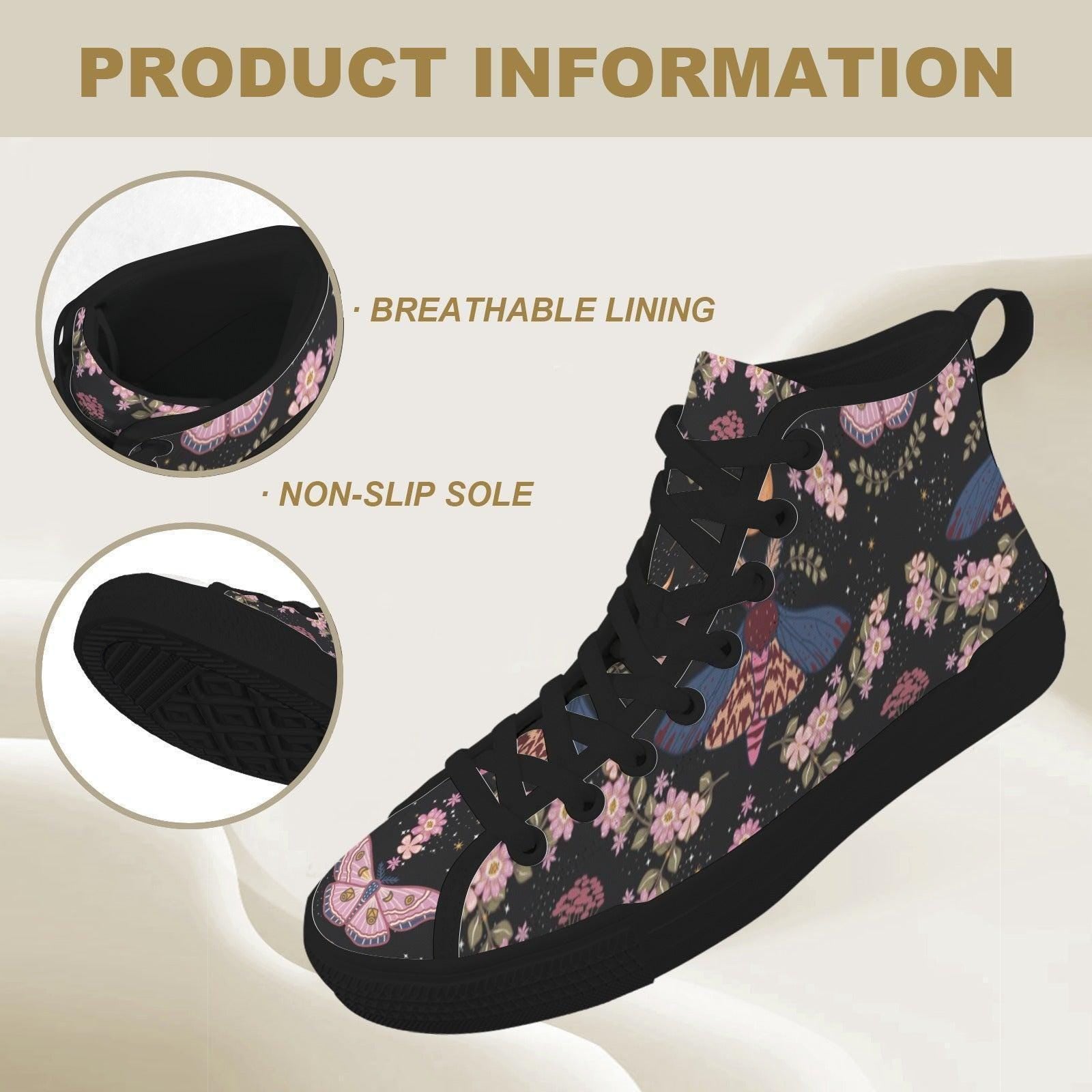 Black Floral High Top Sneakers, Pink Blossom Moth Print Canvas Shoes